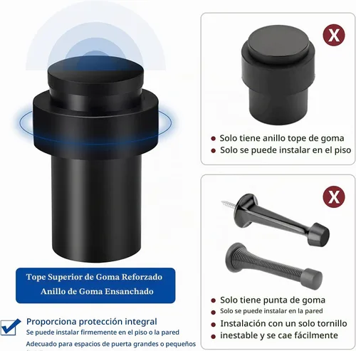 Vista 3 de Tope de puerta de 2.5 pulgadas para puerta de piso cilíndrico negro, protector de pared de goma de acero inoxidable resistente para parte inferior