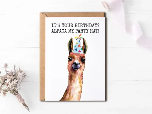 Vista 3 de OystersPearl It's Your Birthday Alpaca My Party Hat - Tarjeta de cumpleaños - Tarjeta de alpaca - Tarjeta de felicitación - Tarjeta divertida