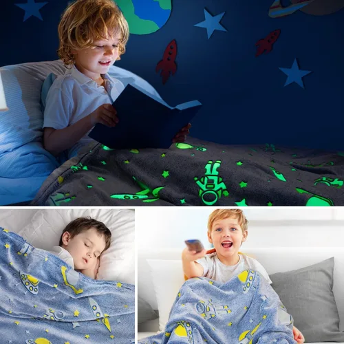 Vista 6 de Manta que brilla en la oscuridad con diseño espacial, regalos para niños - Manta de felpa suave con diseño de astronauta, cohete, planeta y estrella
