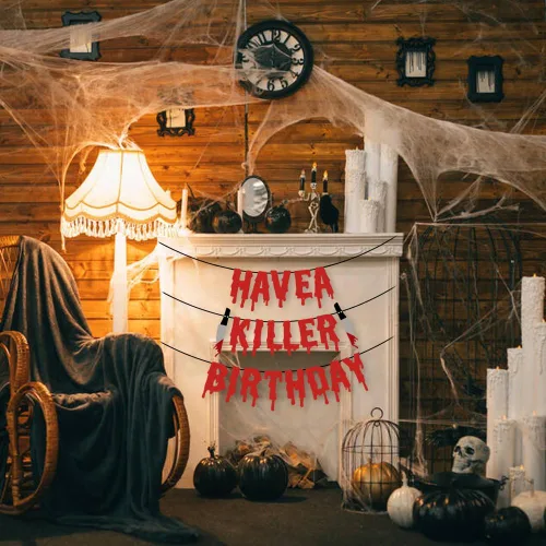 Vista 5 de Quimoy Decoraciones de cumpleaños Have a Killer, decoraciones de pancarta de Halloween, con 12 calcomanías de pared de murciélagos para decoración