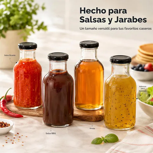 Vista 5 de Kingrol Paquete de 16 botellas de 8 onzas para salsa picante con tapas de rosca a prueba de fugas, botellas de vidrio de boca ancha con tapas