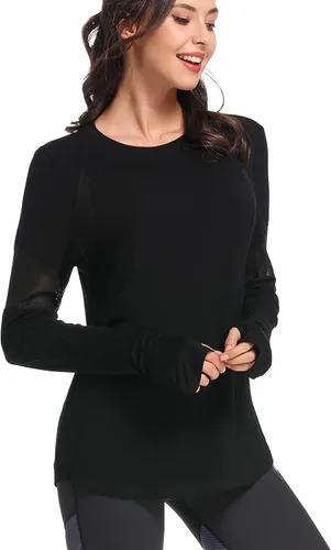 Vista 4 de Muzniuer Camisetas de entrenamiento de manga larga para mujer, camiseta lisa de manga larga para mujer, camiseta deportiva de yoga con agujero