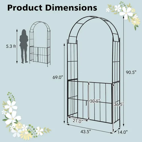 Vista 7 de Giantex Enrejado de jardín con puerta, arco de jardín de metal de 7.5 pies con puerta y estacas para plantas trepadoras, enredaderas de rosas