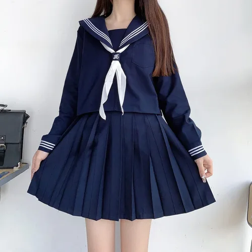 Vista 3 de RESSE Falda plisada japonesa, uniforme escolar, uniforme de marinero JK, uniforme de niñas, disfraz de anime de manga larga