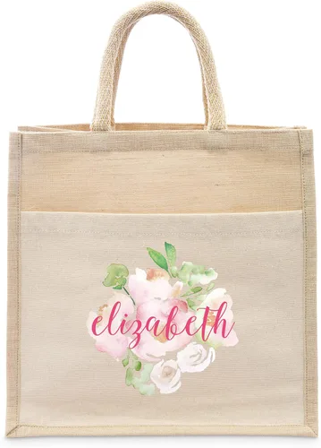 Vista 13 de WEDDINGSTAR Bolso de asas tejido medio personalizado de yute con bolsillo