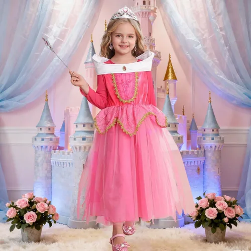 Vista 2 de Disfraz de princesa para niñas, disfraz de fiesta de Halloween con corona, vara, aretes, anillo rosa