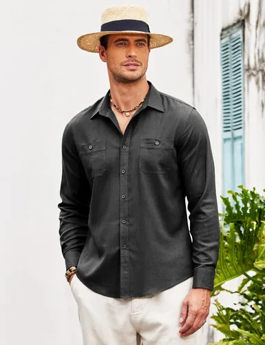 Vista 3 de COOFANDY Men's Casual Linen Shirt Long Sleeve Button Down Summer Beach Shirts