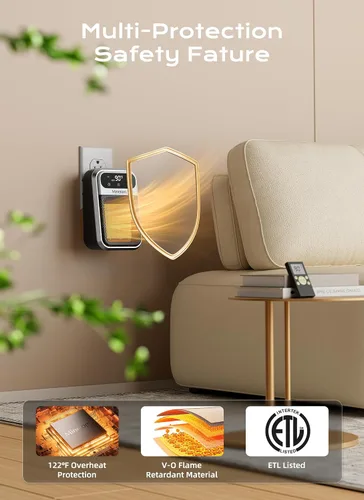 Vista 6 de Minetom Calentador de espacio portátil enchufable, calentador de pared pequeño de 800 W para uso en interiores, control remoto, temporizador de 12