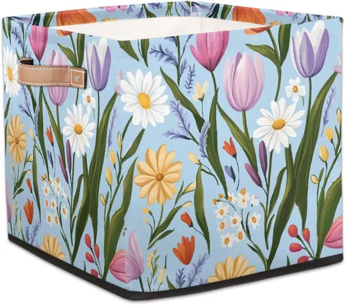 Vista 32 de Cube Storage Bins for Shelves, Neon Blue And Purple Skull Flower Decorative Fabric Organizer Box with Handles for Living Room, Dorm Room, Classroom
