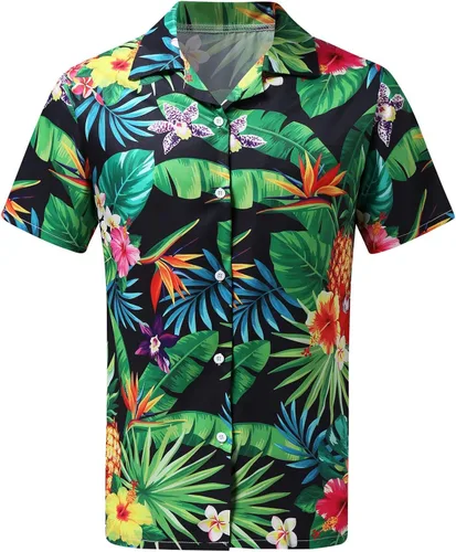 Vista 3 de Camisas de manga larga hawaianas sueltas casuales con estampado corto de solapa para playa, ropa de verano