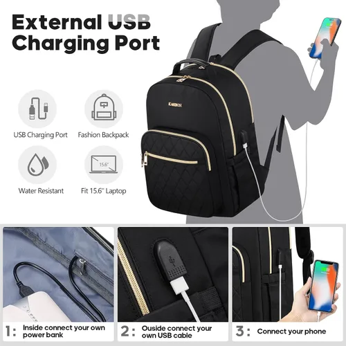 Vista 3 de UKEIN Mochila para mujer, mochila impermeable y elegante para el hombro, Negro acolchado (diamante), Casual