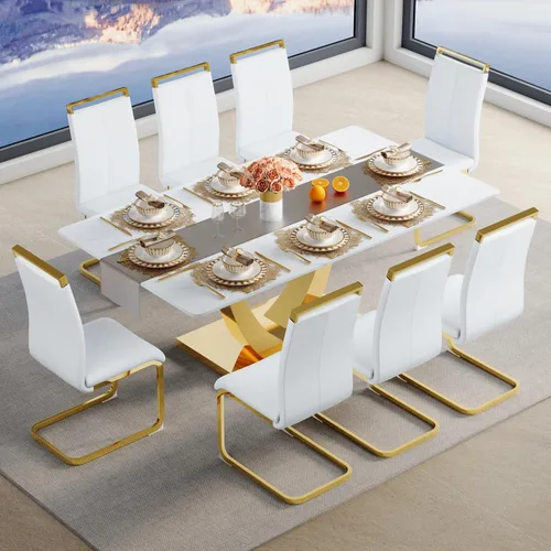 Vista 14 de Juego de mesa de comedor para 4, mesa de comedor de mármol sintético de 63 pulgadas con patas y base de acero inoxidable, sillas acolchadas