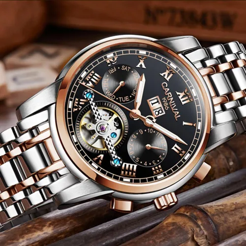 Vista 5 de CARNIVAL Mens tourbillon Automatic Mechanical Watch Silver Stainless Steel Multifunction Blue Watches