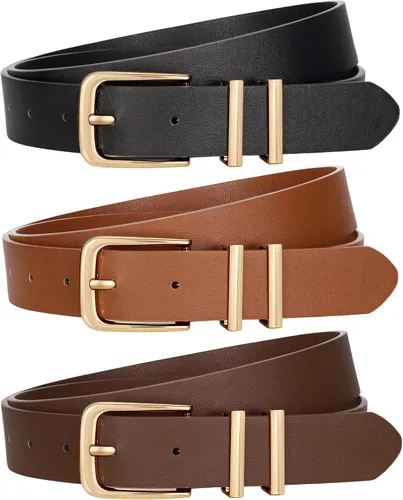 Vista 10 de Paquete de 3 cinturones para mujer con hebilla dorada para jeans y vestidos A-negro+marrón+beige
