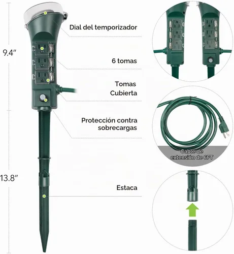 Vista 5 de BN-LINK - Temporizador de estaca para exteriores con temporizador mecánico, 6 tomas de tierra - Cable de 1.8 m, resistente a la intemperie