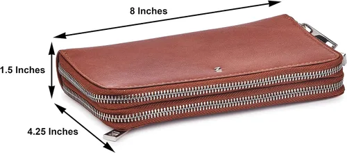 Vista 6 de Cartera de piel auténtica para mujer, con doble cremallera alrededor de la protección RFID, Bronceado