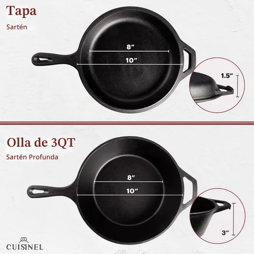 Vista 4 de Sartén de hierro fundido de Cuisinel + tapa - Olla multifuncional 2 en 1 - Olla profunda + sartén - Olla holandesa de 3 cuartos de galón - Utensilio