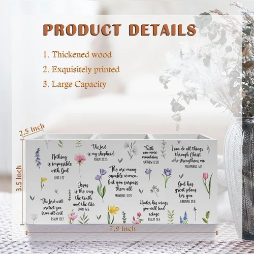Vista 6 de Soporte Inspirador Floral para Bolígrafos y Lápices con Versículos Bíblicos, Decoración Cristiana para Oficina en Casa, Organizador de Bolígrafos