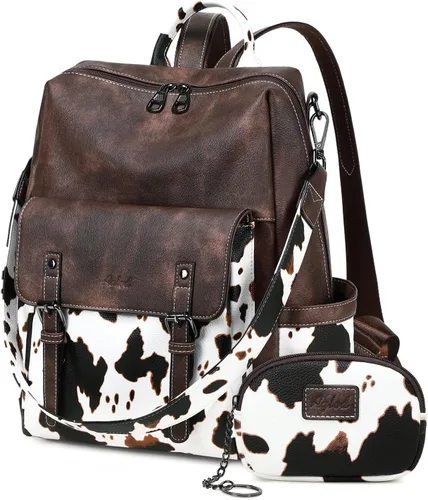 Vista 8 de AGLOD Mochila de cuero sintético para mujer, bolsos de viaje de moda para mujer, bolsos de viaje de trabajo de imitación, Beige- negro-marrón