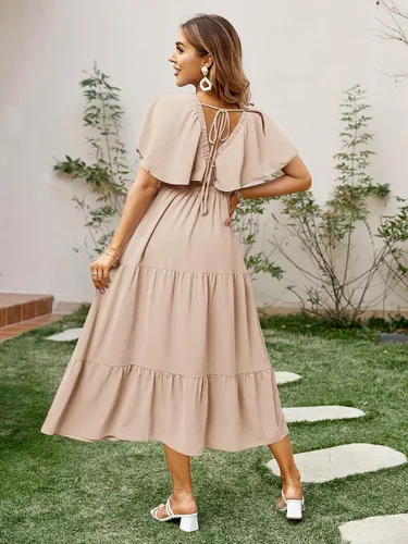 Vista 4 de Amegoya Vestidos Maxi Largos Casuales de Manga Corta con Cuello en V Floral para Mujer Estilo Bohemio Playa Sesión de Fotos Fluidos con Volantes