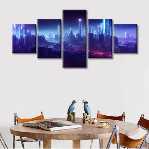 Vista 179 de Cuadros de 5 paneles de Cyberpunk City, arte de pared, representación de vallas publicitarias, edificios modernos en la capital con obras de arte