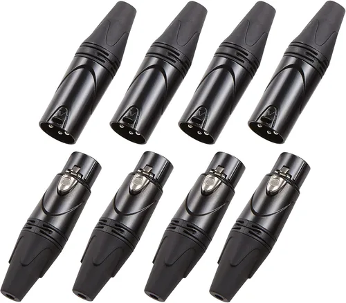 Vista 4 de MFL. Conector de cable XLR de 3 pines macho y hembra con carcasa de níquel y contactos plateados, conector de cable de micrófono, conector de audio