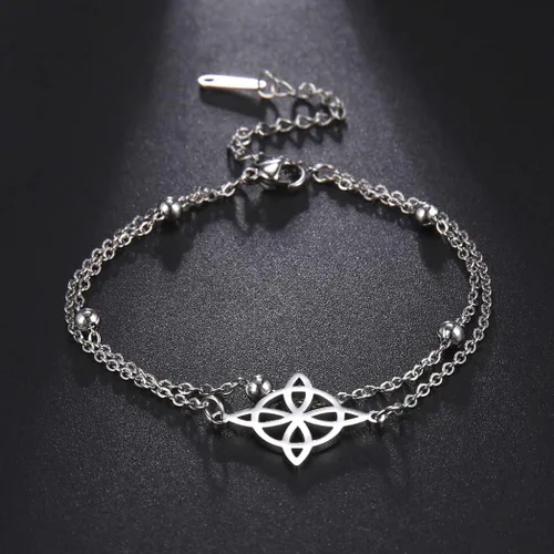 Vista 3 de Pulsera de nudo de brujas para mujer, de acero inoxidable, nudo celta con símbolo Wiccano, pulsera en capas, dije único, pulsera ajustable de doble