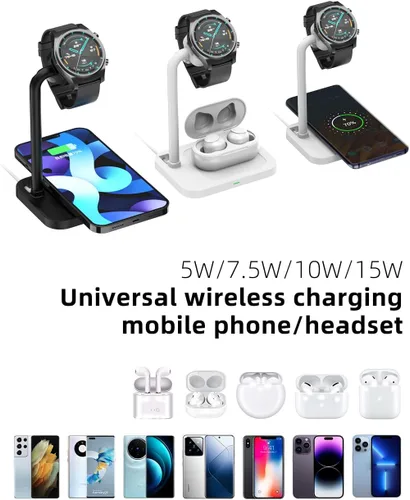 Vista 7 de Base de carga inalámbrica universal 2 en 1 con soporte ajustable para reloj inteligente, compatible con Samsung Galaxy, Google Pixel, Huawei