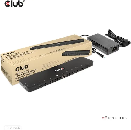 Vista 2 de Club 3D CSV-1566 USB Gen1 Tipo-C Triple Pantalla DP Modo Alt Displaylink Dynamic PD Dock de carga con 120 vatios PS