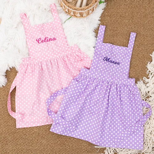 Vista 7 de MT WORLD Delantal para niños personalizado, delantal para niños pequeños para niñas, delantal de lino bordado, delantales para niños con lunares