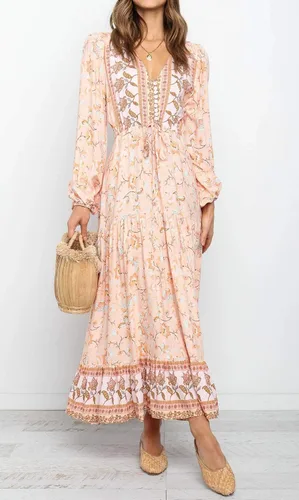 Vista 2 de R.Vivimos Vestido midi de algodón de manga larga con cuello en V y botones para mujer, estampado floral, estilo bohemio