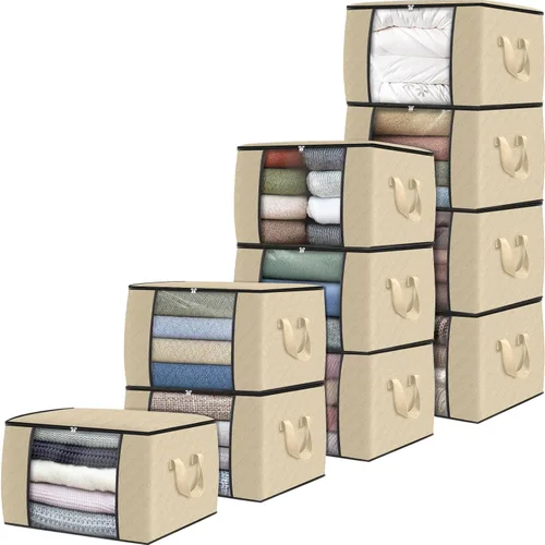 Vista 13 de Fab totes Paquete de 3 bolsas de almacenamiento plegables de tela gruesa, contenedores para organizar dormitorio, armario, ropa, edredón, Beige