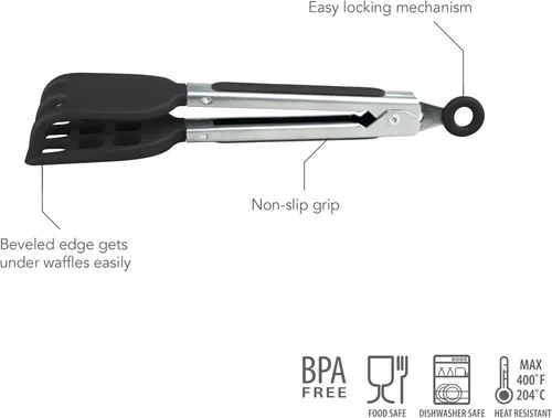 Vista 3 de Tovolo Pinzas de cocina de silicona para cocinar, pinzas pequeñas planas de acero inoxidable con puntas de silicona para ensaladas, gofres belgas