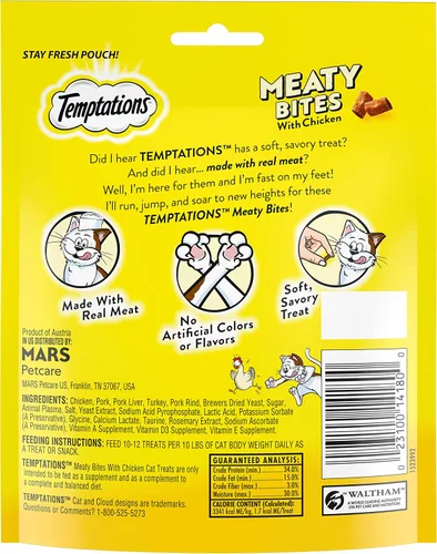 Vista 2 de Temptations Meaty Bites - Golosinas sabrosas y suaves para gatos, sabor a pollo, bolsa de 4.12 onzas