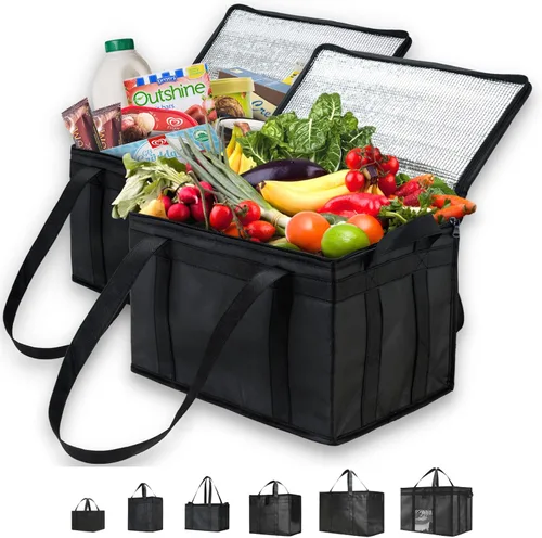Vista 50 de Bolsa térmica XXL aislada y calentador de alimentos para entrega y compras de comestibles con parte superior con cremallera, color negro