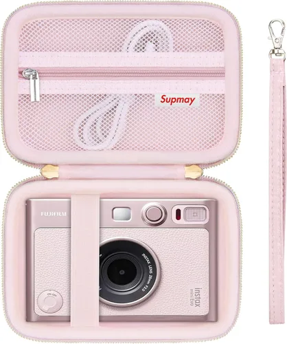 Vista 11 de Funda de transporte compatible con cámara instantánea Fujifilm Instax Mini EVO, bolsa de viaje con bolsillo de malla para fotos, cables USB Negro