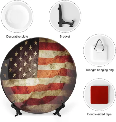 Vista 3 de Platos decorativos, adorno estampado de bandera estadounidense, aspecto patriótico, grunge, 6 pulgadas, decoración de pared de cocina, multicolor