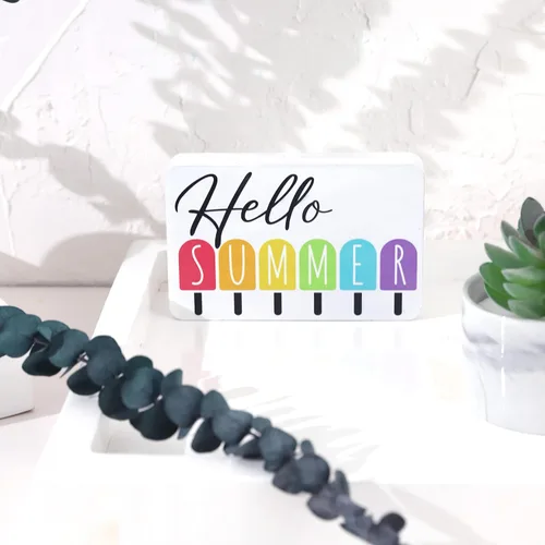 Vista 4 de Letrero de bandeja escalonada con texto en inglés «Hello Summer» – Letrero envejecido, decoración rústica, mini letrero, decoración de granja