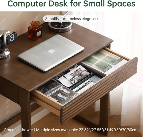 Vista 3 de Escritorio de madera maciza con acabado de nogal, escritorio pequeño para oficina en casa, escritorio de computadora para espacios pequeños