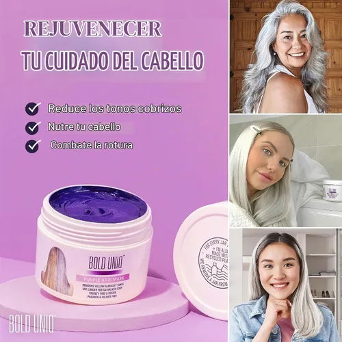 Vista 2 de Bold Uniq Mascarilla morada para el cabello rubio, platino, decolorado, plateado, gris, ceniza y cobrizo. Elimina los tonos amarillos y acondiciona