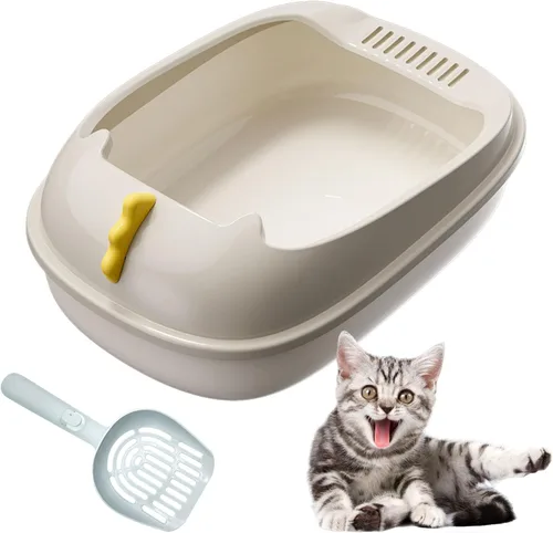 Vista 7 de Caja de arena abierta para gatos, inodoro antisalpicaduras para gatos con cuchara tamizadora de arena, evita fugas de arena, caja de arena extraíble