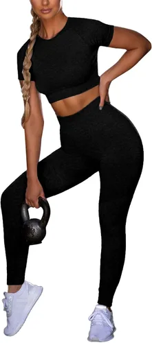 Vista 4 de LYANER Conjuntos de entrenamiento para mujer, camiseta corta de manga corta y leggings de cintura alta, conjuntos de yoga de 2 piezas