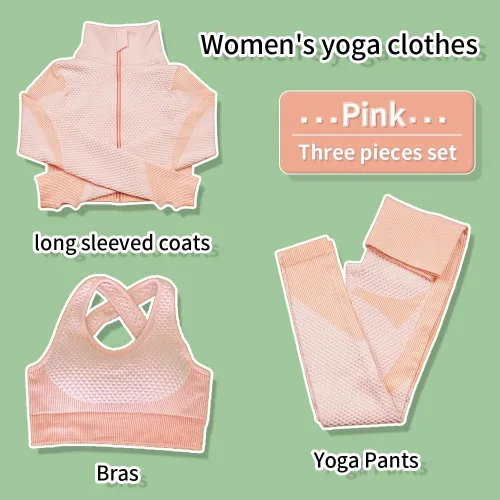 Vista 5 de Conjunto de 3 piezas de trajes de entrenamiento sin costuras para mujer, leggings deportivos de yoga y brasier deportivo elástico para fitness