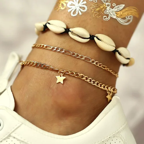 Vista 4 de 23 unids conjunto simple Puka Shell pulsera de tobillo Shell estrella de mar onda tobillo pulsera forma corazón Chian tobillo pulsera moda 8