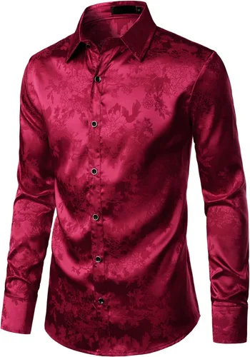 Vista 2 de ZEROYAA Camisas de vestir de manga larga con botones y estampado floral de satén brillante para hombre para fiesta de graduación