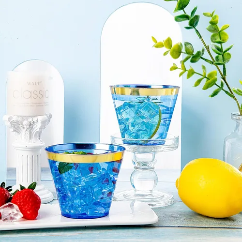 Vista 5 de Nervure 240 vasos de plástico azules – Vasos de plástico con borde dorado de 9 onzas – Taza azul desechable resistente con borde dorado perfecto
