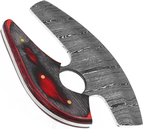Vista 8 de Damascus Alaskan Ulu Cuchillo cortador de pizza Cuchillo balancín - Cuchillos de Damasco multiusos para desollar, cazar, cuchillo de cortar