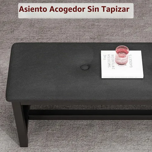 Vista 2 de Juego de mesa de comedor IDEALHOUSE para 4, mesa de cocina con banco tapizado, juego de mesa de comedor rectangular de 3 piezas con 2 bancos