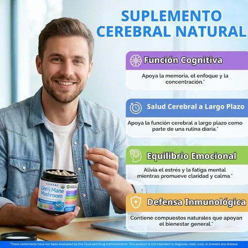 Vista 2 de Melena de león orgánica USDA 50% polisacáridos, 120ct Focus Salud