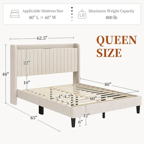 Vista 2 de Yaheetech Base de cama tamaño Queen con estación de carga USB y estante de almacenamiento/plataforma de cabecera tapizada con lado de ala/soporte